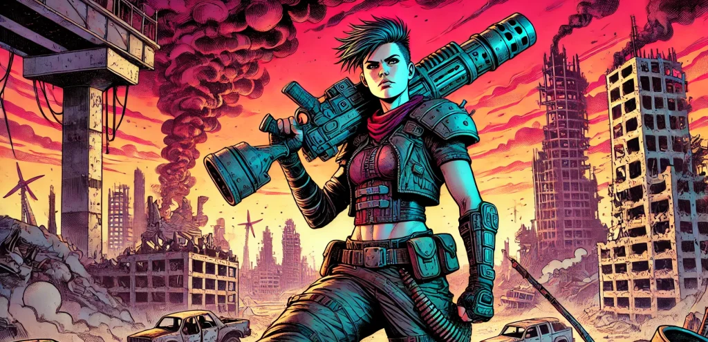 Illustration of a woman carrying a bazooka through a bombed out cityscape.