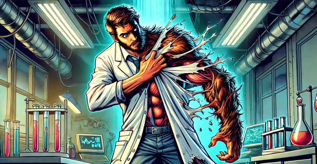 Illustration of a scientist in a laboratory, whose left side is ripping out of his clothes as he transforms into a hairy beast.