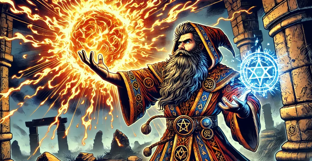 Illustration of a dwarven magic user, creating a fireball in his hand.