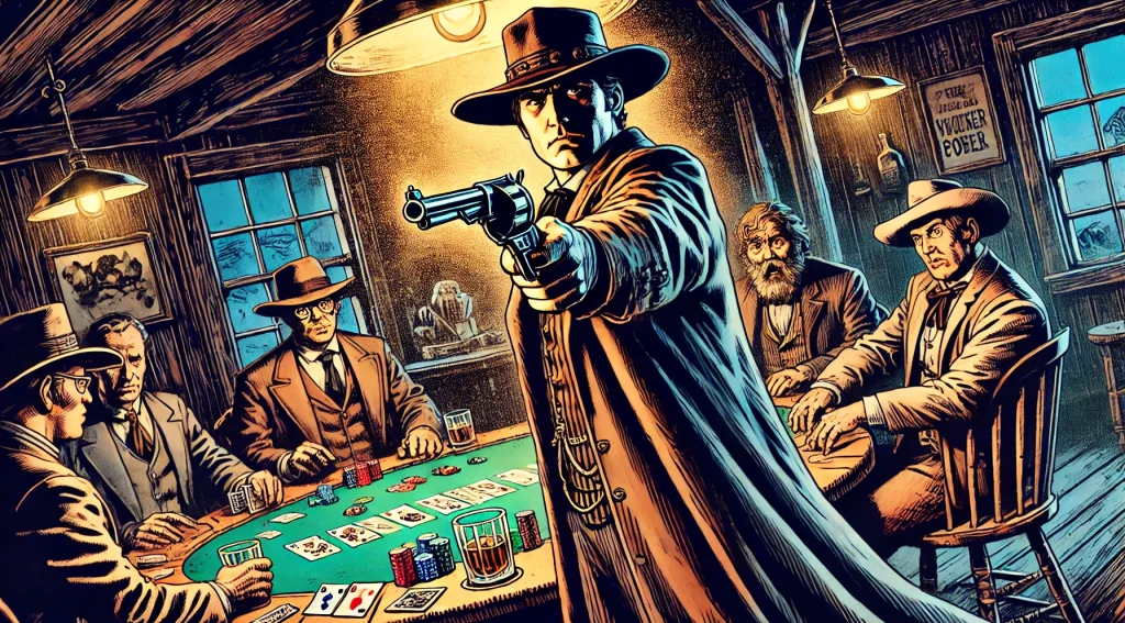 Illustration of an old west gambler with gin drawn, standing in front of a poker table surrounded by players.