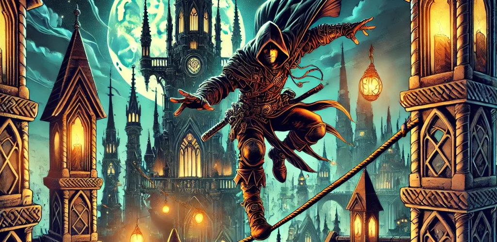 Illustration of a fantasy rogue balancing on a tight-rope high above the city.