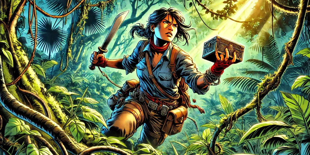 Illustration of an archaeologist running through the jungle wielding a machete and carrying an ancient artifact in her hand.