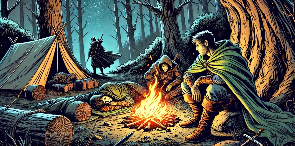 Illustration of a fantasy adventuring party camping in out in the woods at night.