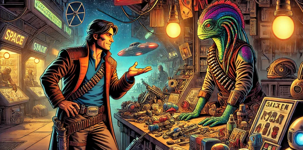 Illustration of a space smuggler, standing in a space station marketplace haggling with an alien merchant.