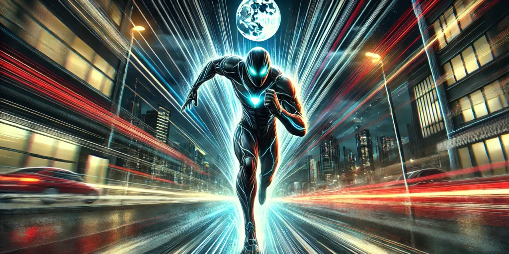 Illustration of a super speedster, running through the city at night with speed streaks surrounding him.