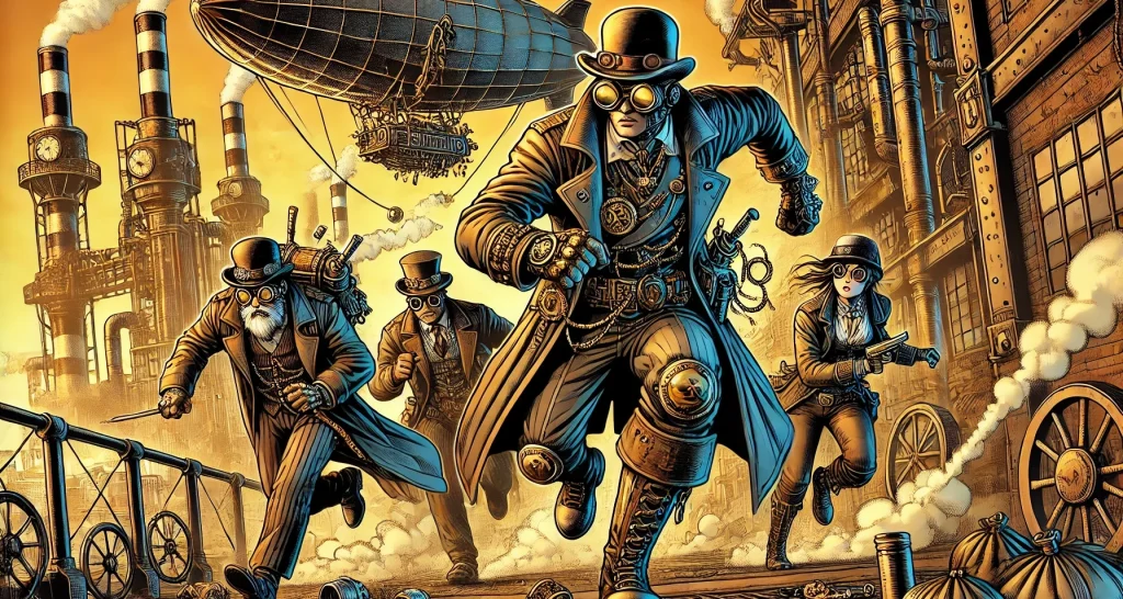 Illustration of steampunk characters racing across a bridge with a dirigible floating in the air behind them.