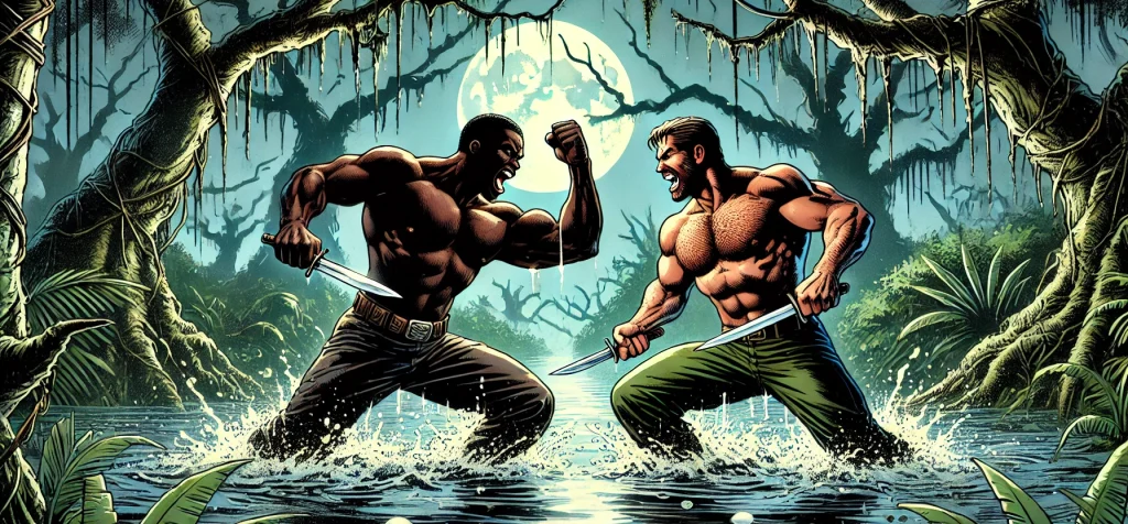 Illustration of two burly, shirtless men wielding knives and attacking one another in the middle of a moonlit swamp.