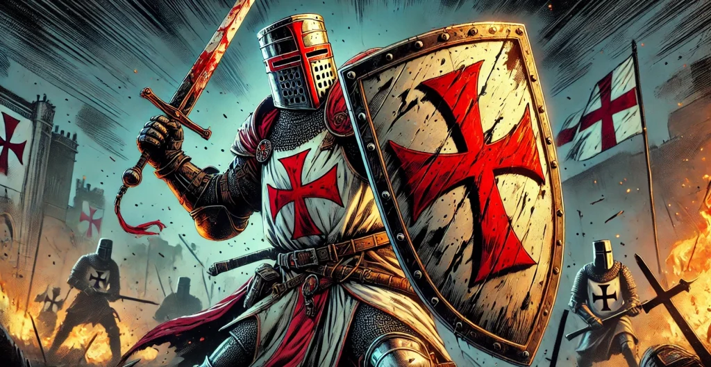 Illustration of a knight templar on a battlefield with raised sword and shield.