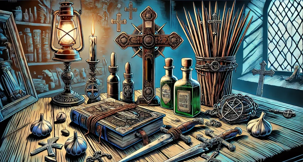 Illustration of vampire-hunting equipment laid out on a table, including a large cross, wooden stakes, silver daggers and cloves of garlic.