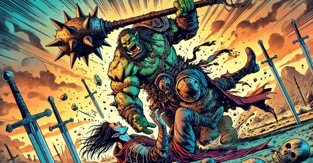 Illustration of an ogre standing over his fallen enemy on a battlefield, with a mace raised over his head.