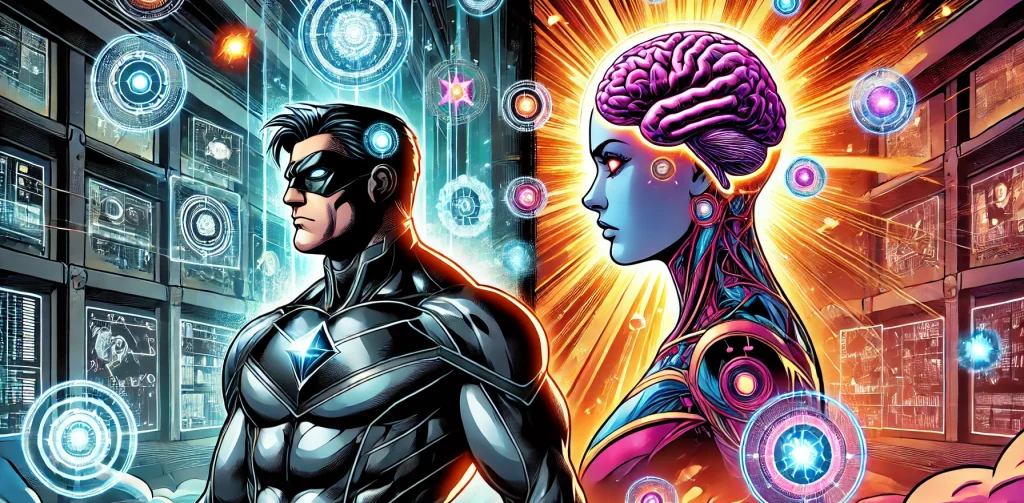 Illustration of a black-masked super hero standing beside a woman with a large exposed brain that is emanating psychic energy.