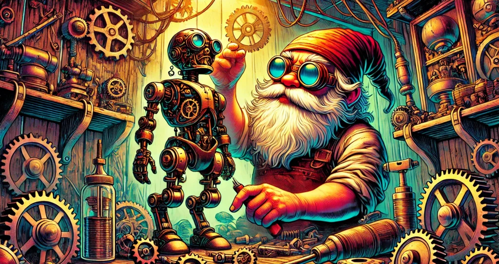 Illustration of a gnome building a little clockwork figure in a workshop filled with gears.