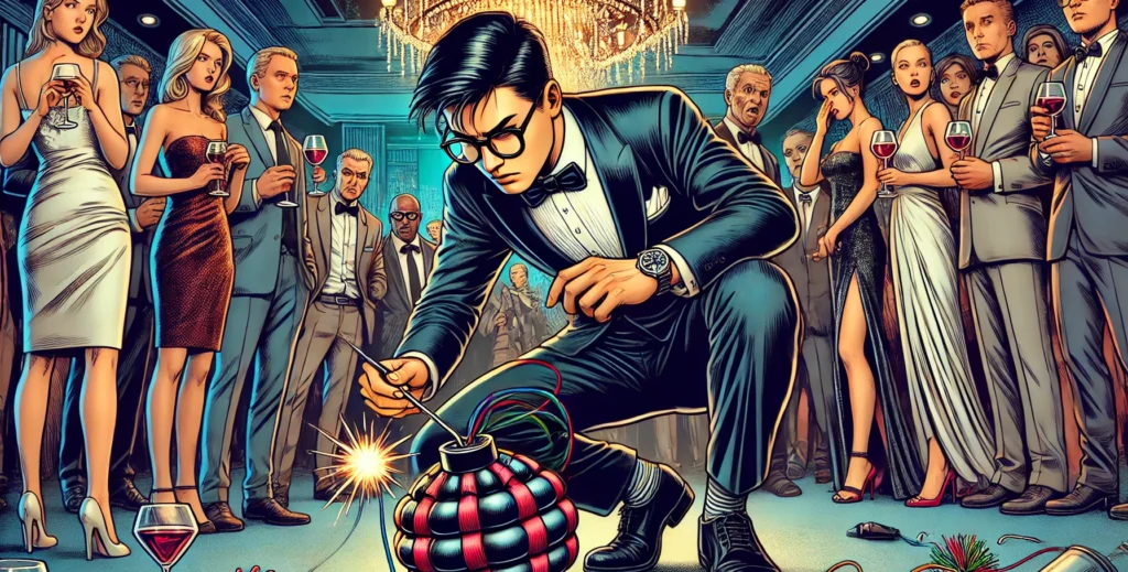 Illustration of a secret agent at a dinner party, wearing a tuxedo and diffusing a bomb.