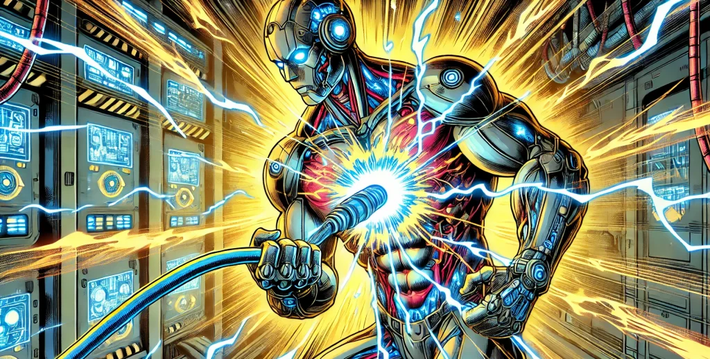 Illustration of a humanoid robot plugging a power cord from a large computer system into his chest.