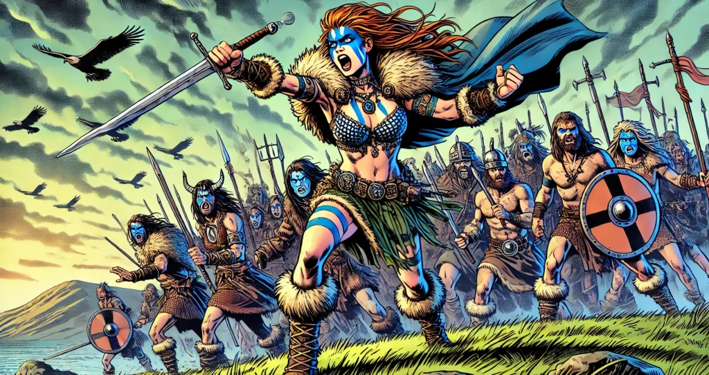 Illustration of a Celtic warrior chieftain standing in front of her horde of warriors with sword raised in the air.