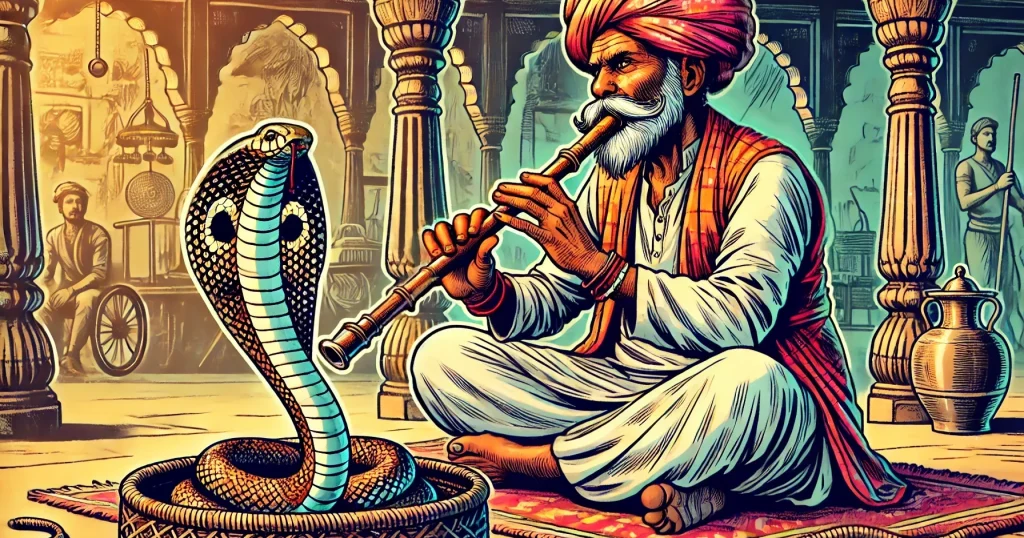 Illustration of a snake charmer playing a flute with a cobra dancing before him.