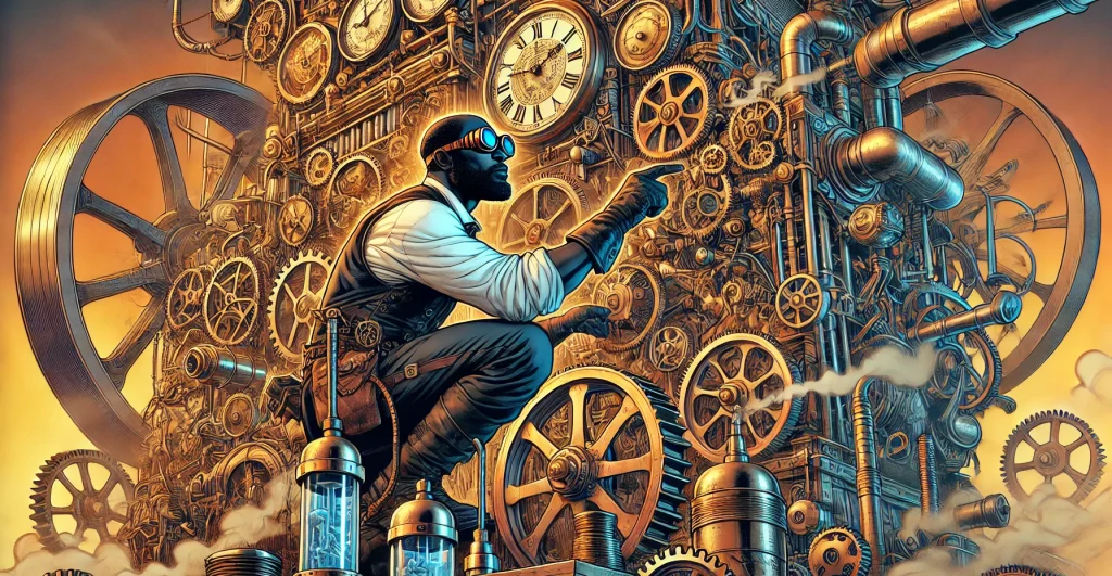 Illustration of an engineer working on a steam-powered machine with many gears.