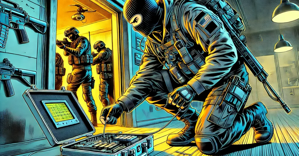 Illustration of covert military operatives, one of whom is operating a portable computer system in a case.