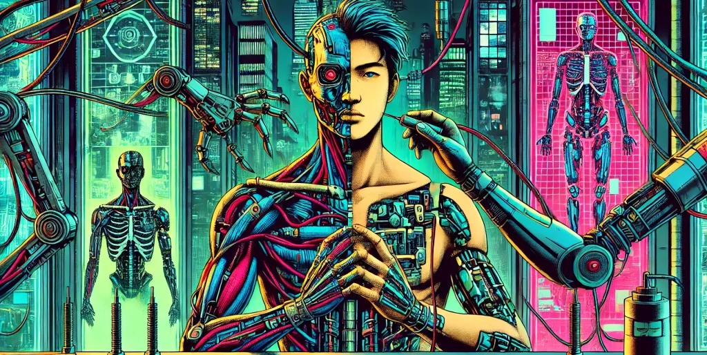 Illustration of a cyborg being worked on by a mechanical arm in a cybernetics laboratory.