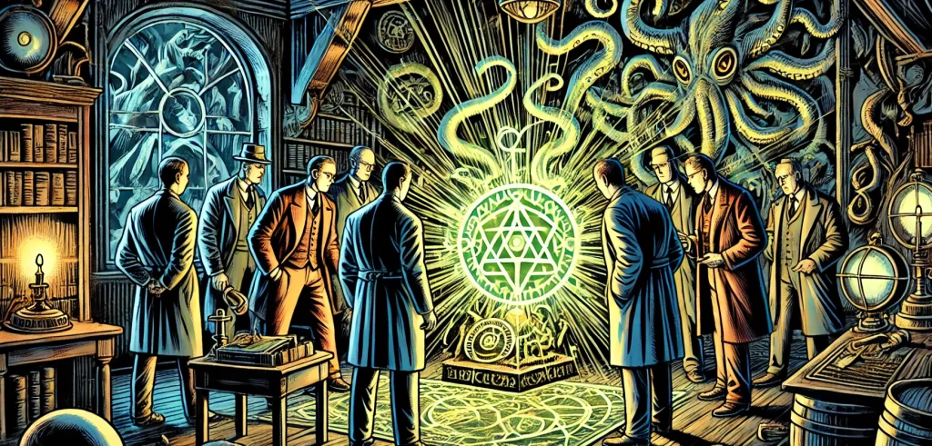 Illustration of several figures standing in a mansion library, watching as a magical ritual is enacted to call forth an eldritch horror.