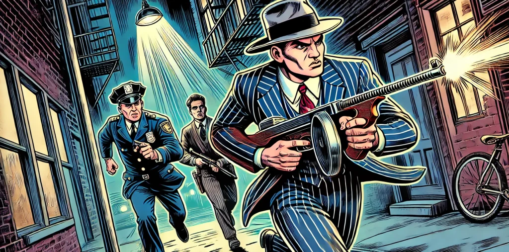 Illustration of a 1930's gangster firing Thompson sub-machine gun while being chased by the police.