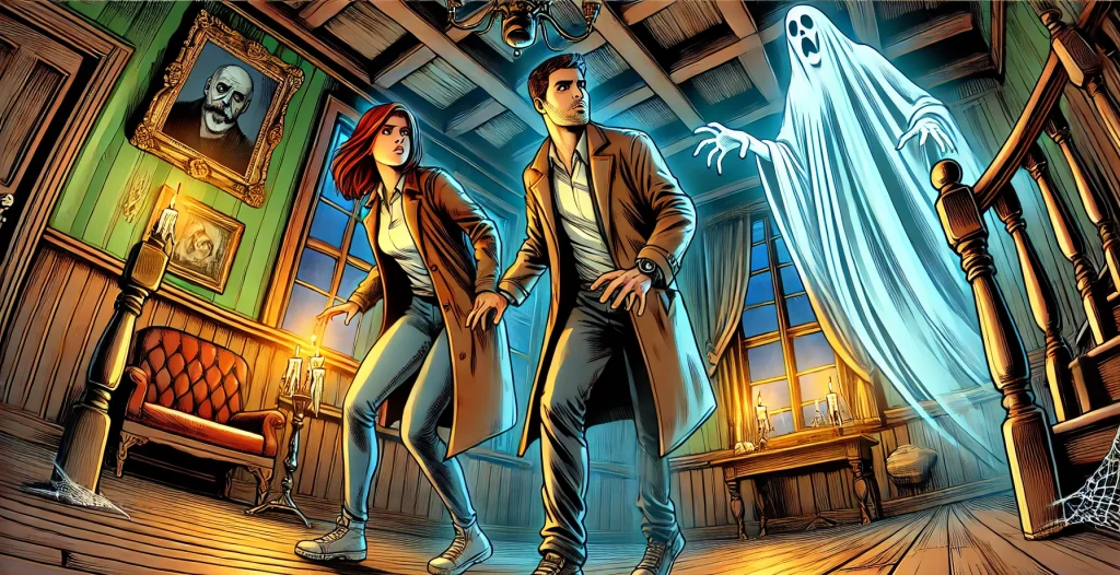 Illustration of a young man and woman searching through a haunted house with a ghost creeping up behind them.