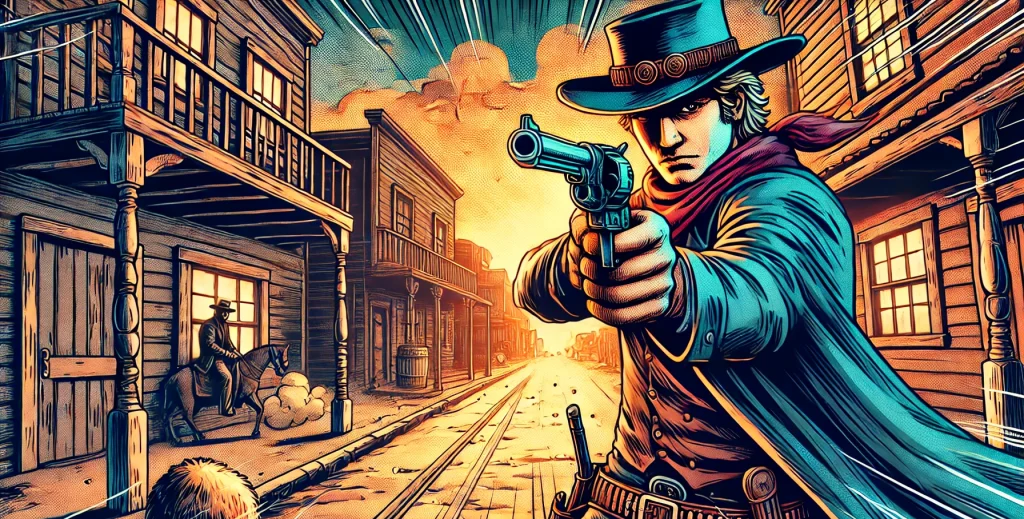 Illustration of a western gunslinger who has just drawn his six-shooter.