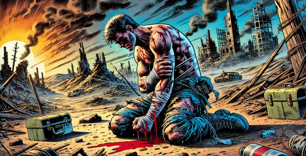 Illustration of city in ruins, with a man kneeling amongst the destruction, bandaged, bleeding and holding his wounded arm.