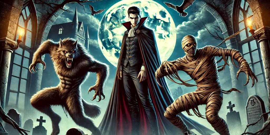 Illustration of a werewolf, a vampire and a mummy standing in front of a large full moon.