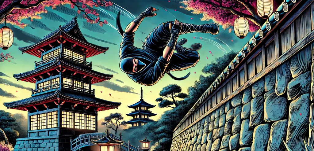 Illustration of a ninja flipping over a stone wall with a pagoda in the background.