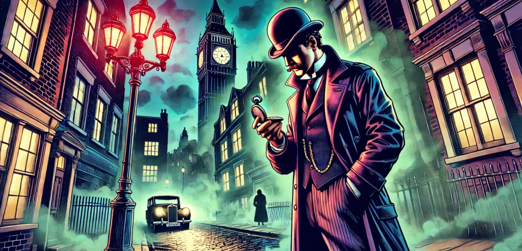 Illustration of a foggy, London street, with a man wearing a bowler hat standing in the street and looking at his pocket watch.