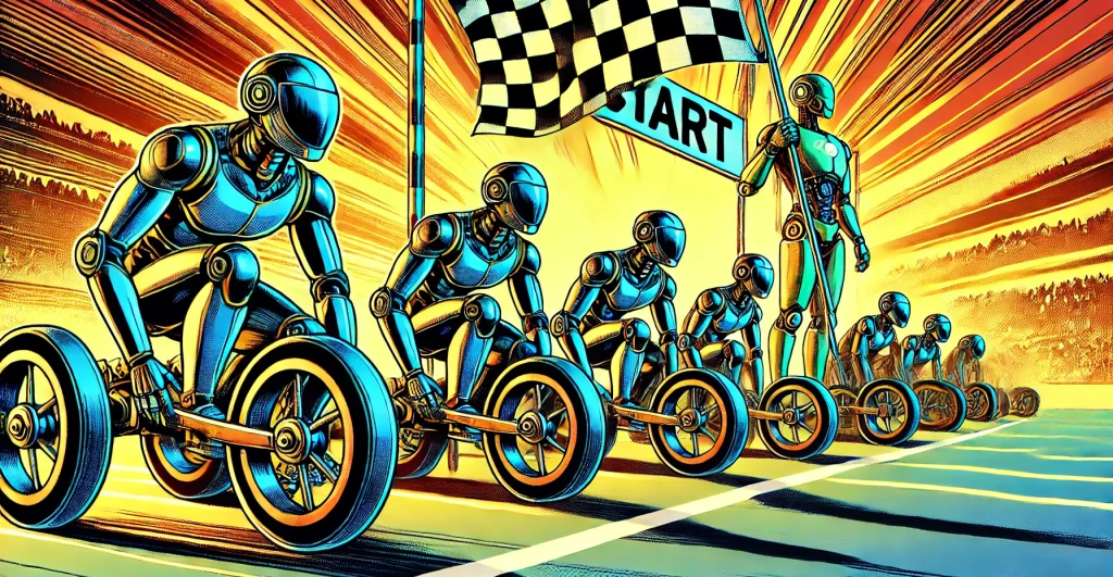 Illustration of several robots on futuristic cycles at the starting line of a race that is about to begin.