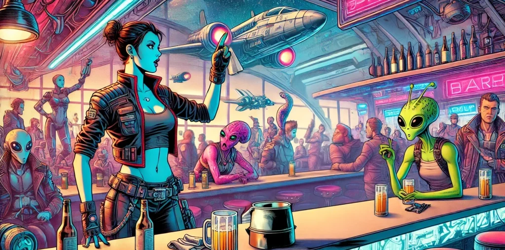 Illustration of a blue, alien woman in a space station saloon, speaking to the aliens and humans gathered there.