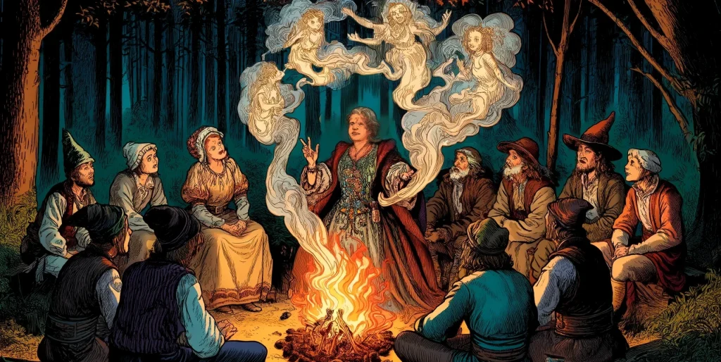 Illustration of an old woman seated a a campfire with villagers gather around the fire with her. She is telling stories and images of the characters from her story are seen in the smoke rising from the fire.