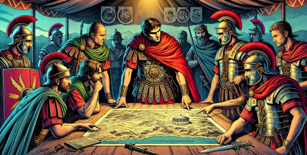 Illustration of a Roman General standing in a tent amongst his officers, pointing to a battle map on the table in front of him.