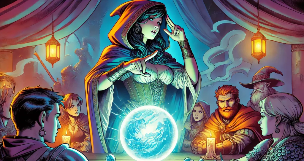 Illustration of a magician standing over a crystal ball with several fantasy adventurers seated at the table around her.