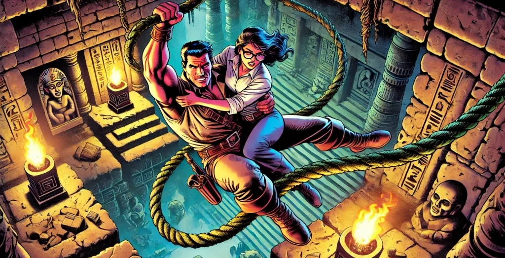 Illustration of a tomb-raider, swinging across an underground chamber on a rope with a woman clutched in his arms.