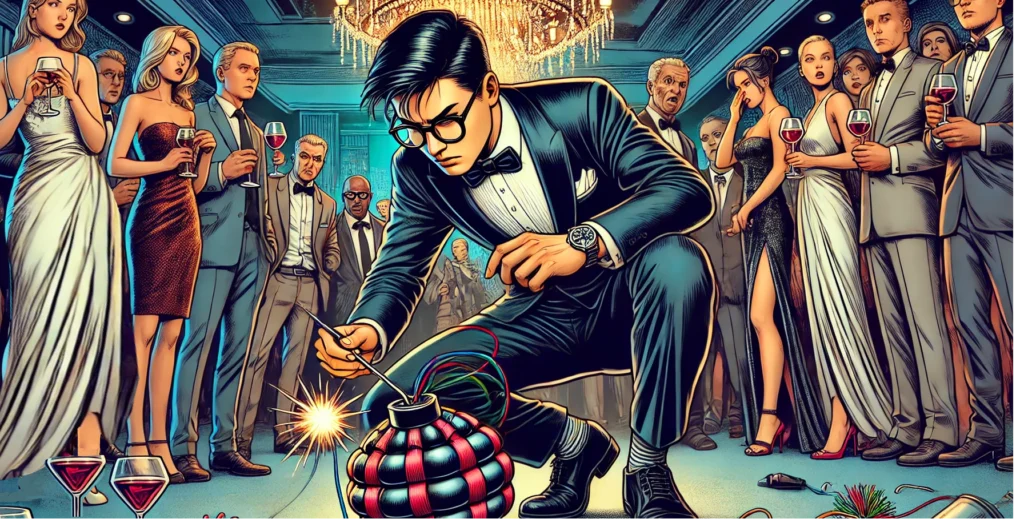 Illustration of a secret agent at a dinner party, wearing a tuxedo and diffusing a bomb.